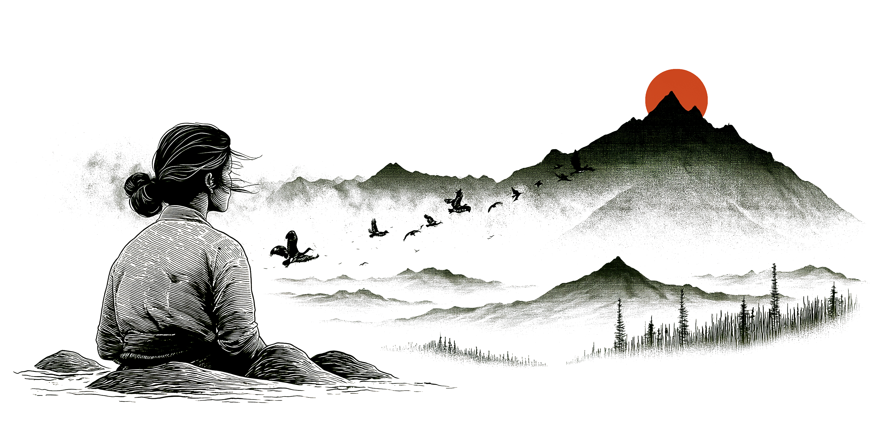 Une femme de dos contemple une montagne immense, le soleil se lève derrière le sommet