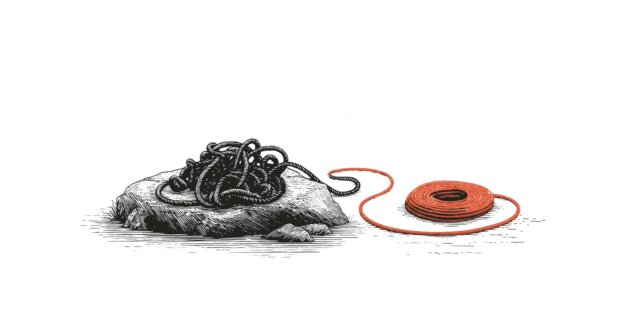 Gravure : une corde en tas emmêlé sur un rocher, et à droite la même corde tirée droite puis lovée proprement, en rouge.