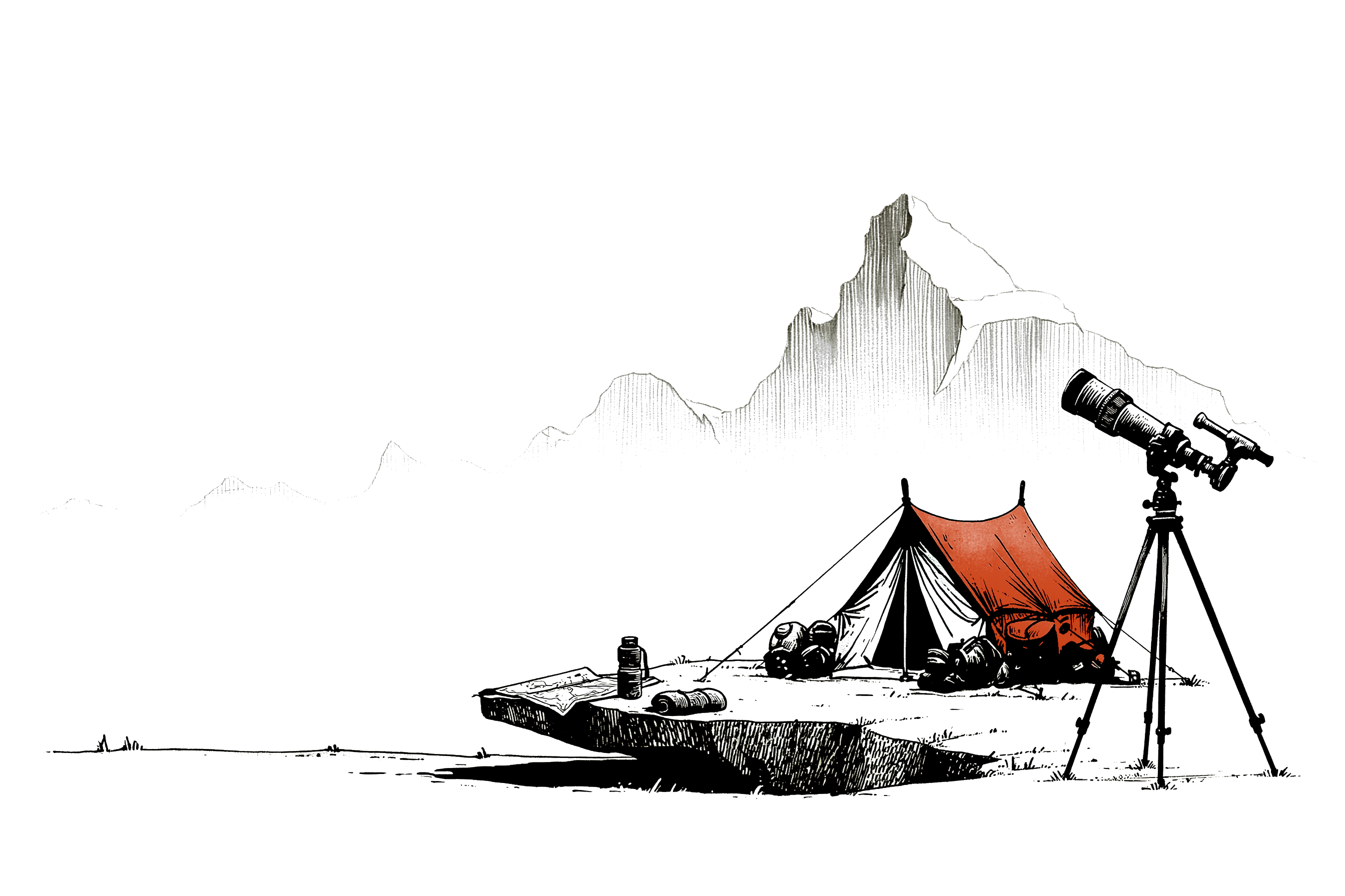 Un camp de base au pied de la montagne : tente, longue-vue pointée vers le sommet, matériel rangé